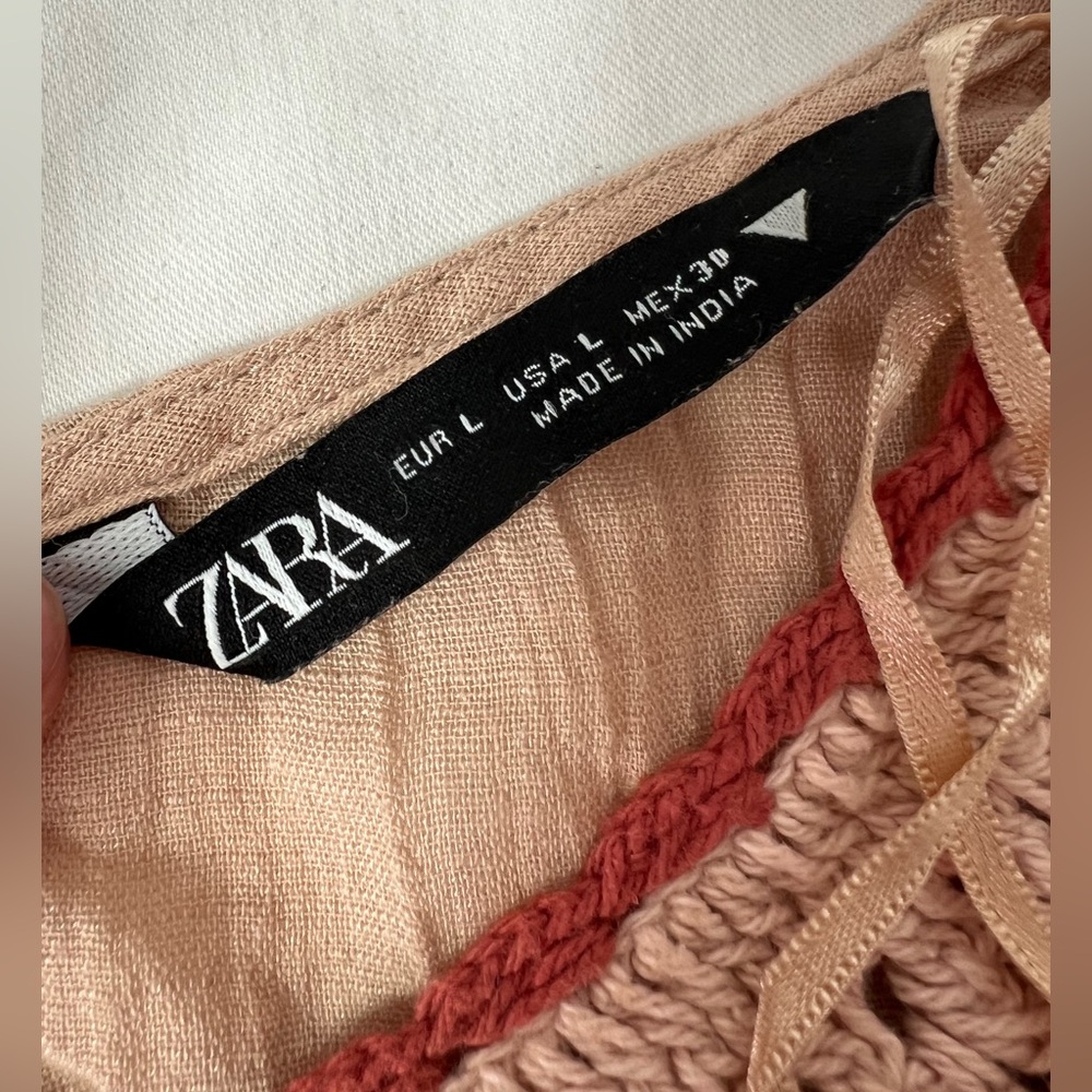 Zara Boho Bohemian Crochet Detail Top Tan Beige linen blend L - Picture 8 of 14